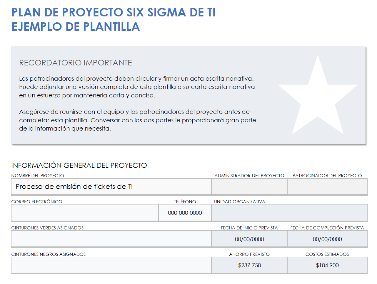 Ejemplo de carta de proyecto de TI Six Sigma