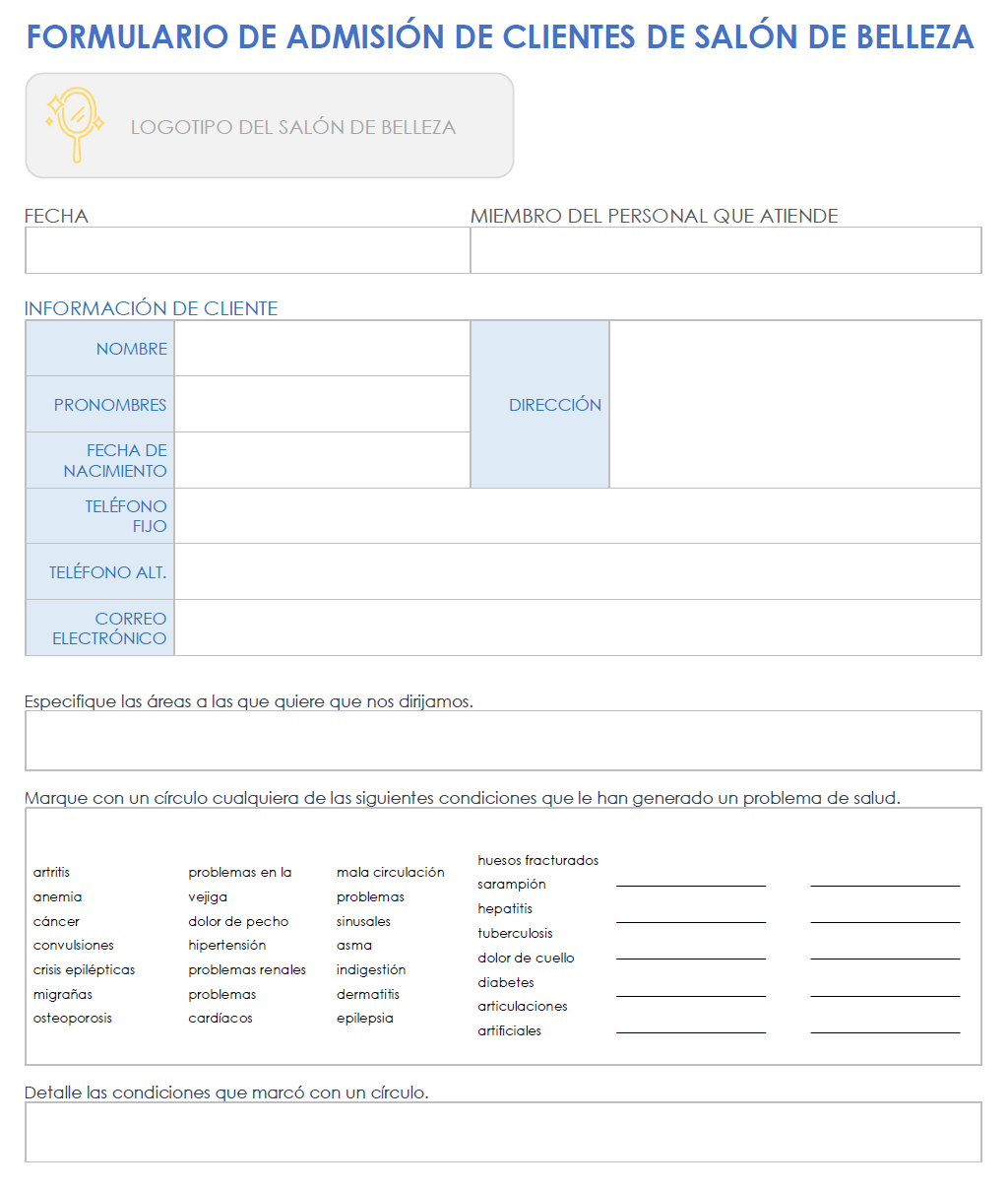 Formulario de admisión de clientes del salón