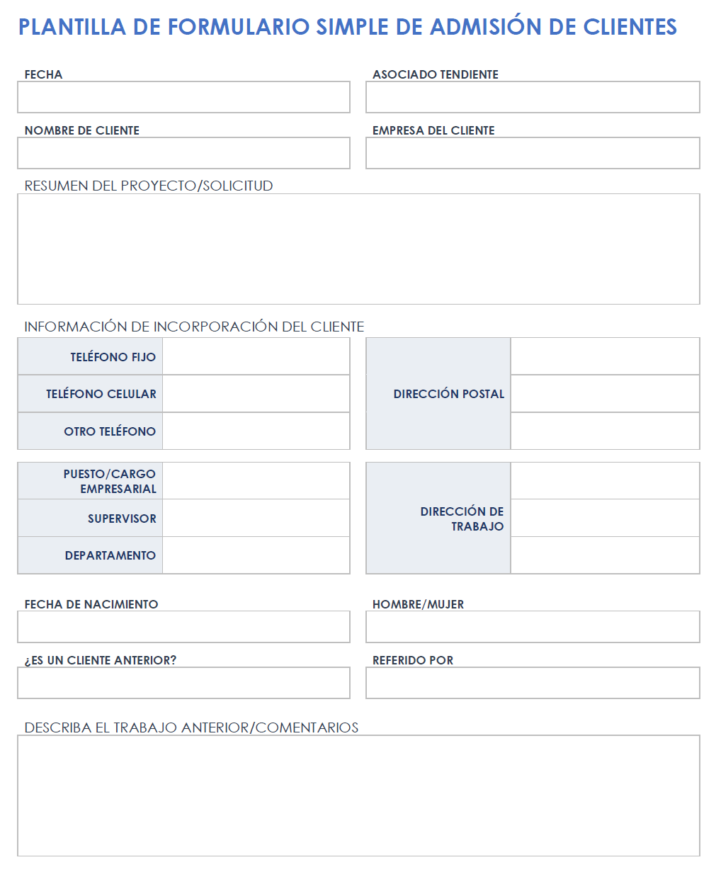 Formulario de admisión de clientes sencillo