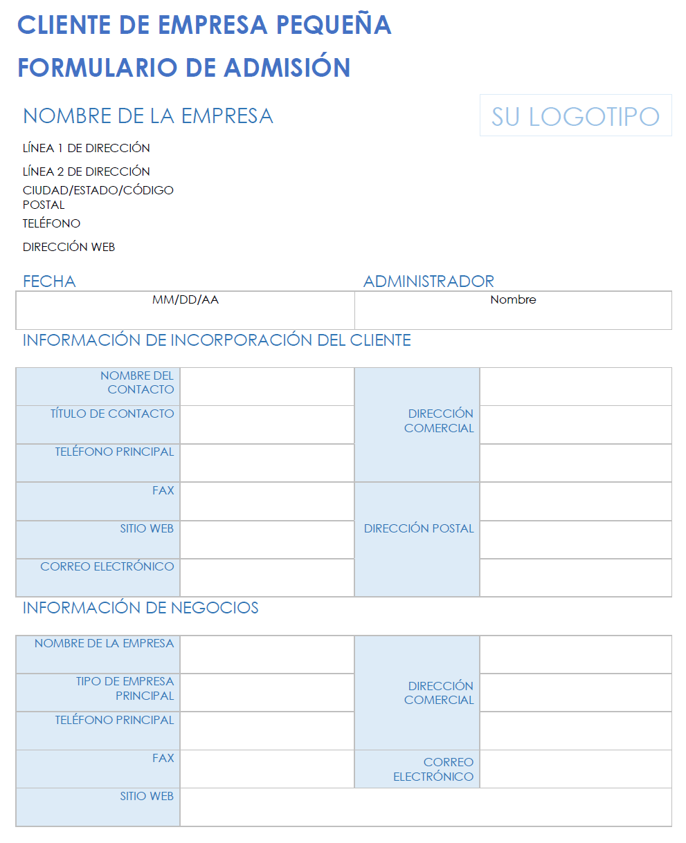 Formulario de admisión de clientes de pequeñas empresas