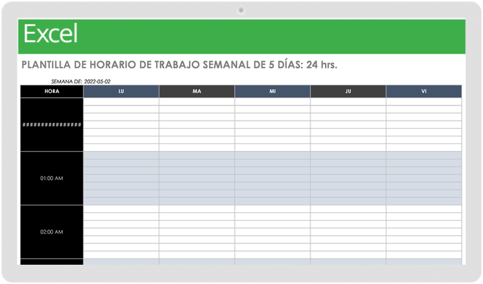 PLANTILLA DE HORARIO DE TRABAJO SEMANAL DE 5 DÍAS LAS 24 HORAS