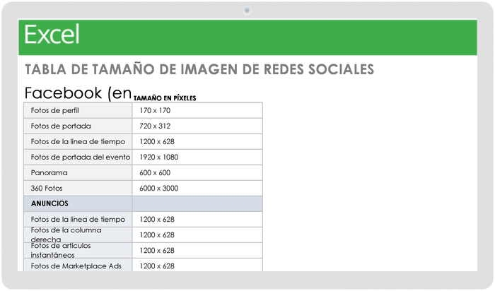  Plantilla de gráfico de tamaño de imagen de redes sociales