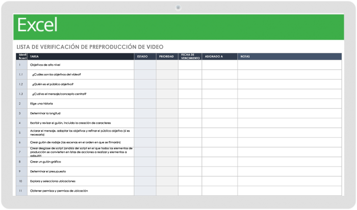 Plantilla de lista de verificación de preproducción de video